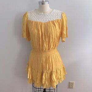 Umgee Short Sleeve Lace Top Ruffled Hem Mini Dress- Yellow- Size Small- NWT